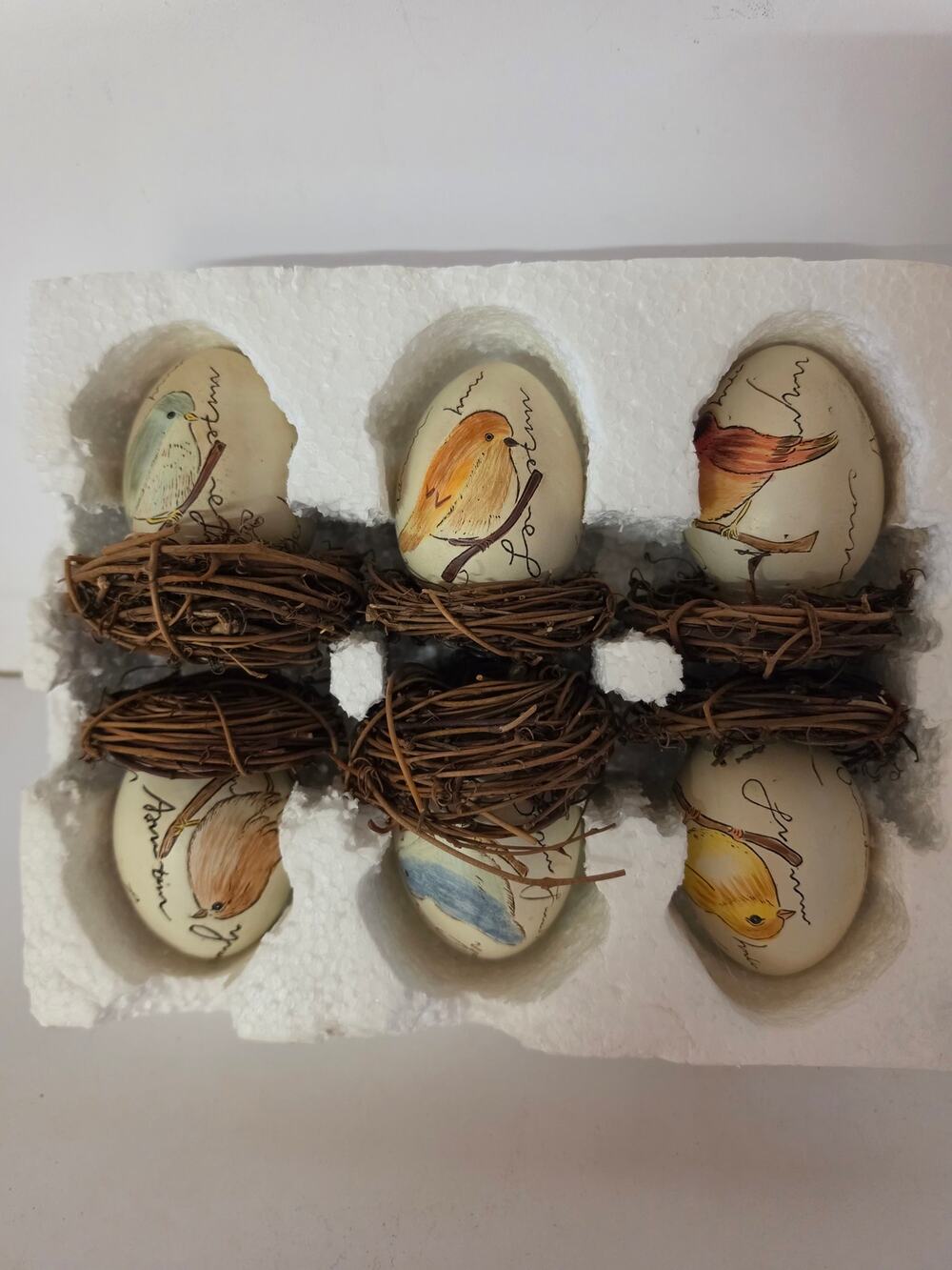 6 Vintage Hand Painted Birds on Ceramic Eggs in Nest Blue Yellow 3 1/4"